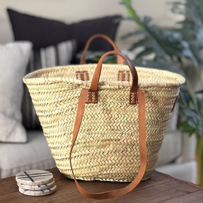 French Market Double Handle Basket | Brown Leather
